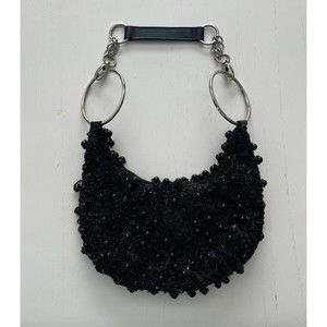 Y2K Black Beaded Sparkly Sequin Silver Chain Hoop Zipper Handbag Purse